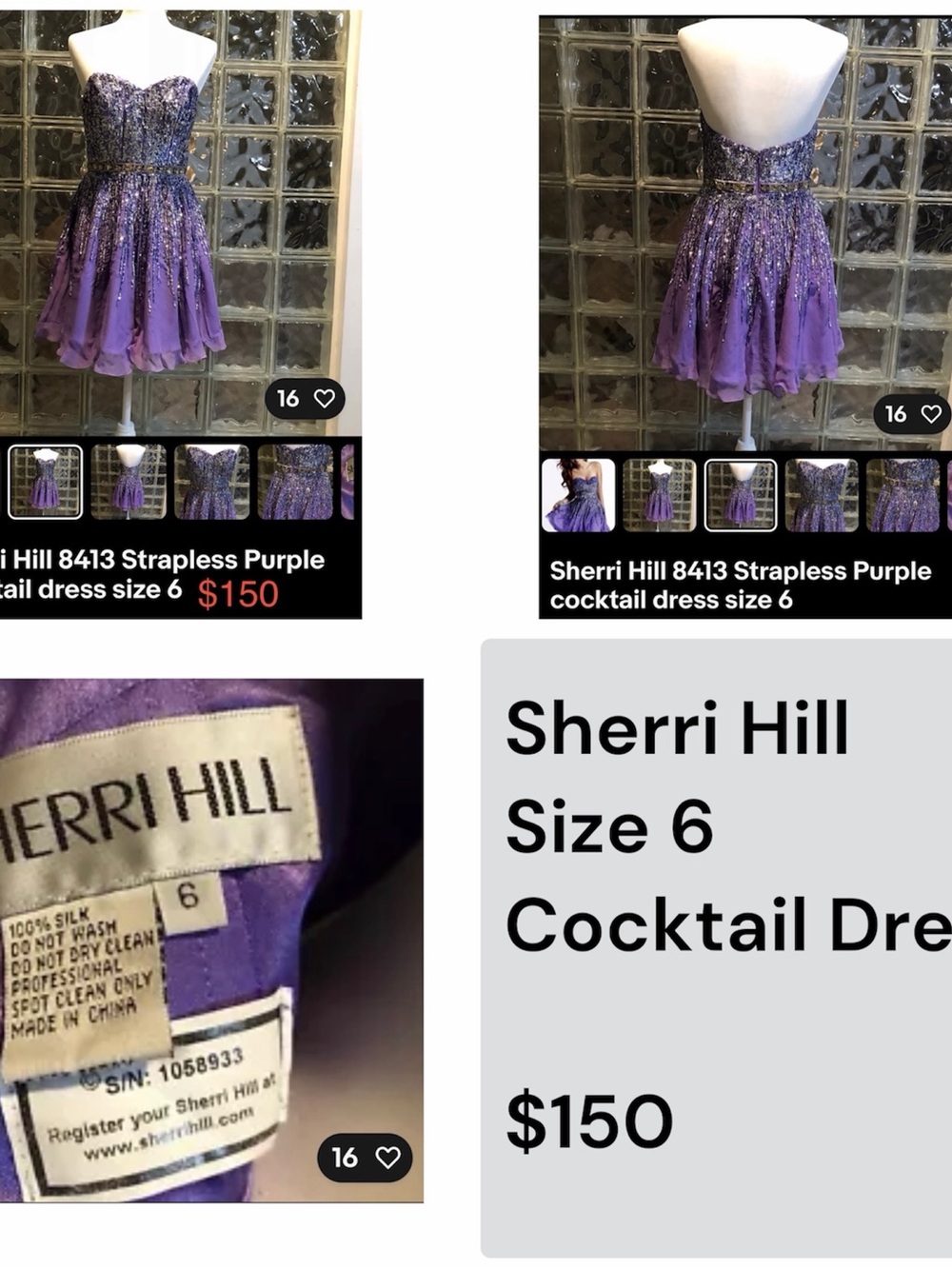 Sherri Hill Purple Strapless Embellished Chiffon Cocktail Dress